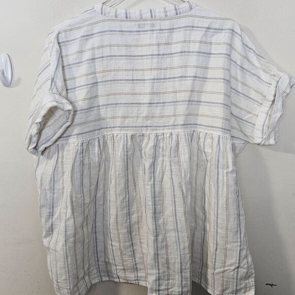 Madewell Dolman Boxy Striped Split V neck Oversized Cotton Short Sleeve Shirt Wo - Picture 3 of 4